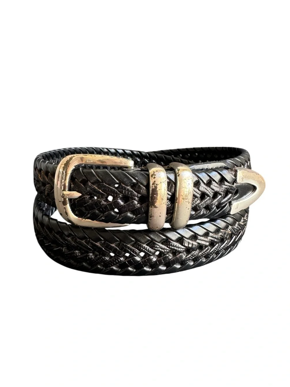 Vintage Black Woven Leather Belt Braided Silver Tone Buckle Unisex Mens 38